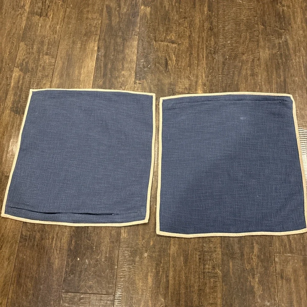 Pottery Barn‎ Pillow Covers Cotton Basketweave Navy w/Tan trim ~Set of 2~20x20